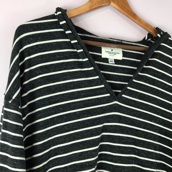 AMERICAN EAGLE Heathered Striped V Neck Split Hem Pullover Hoodie Sweatshirt M - Picture 2 of 10